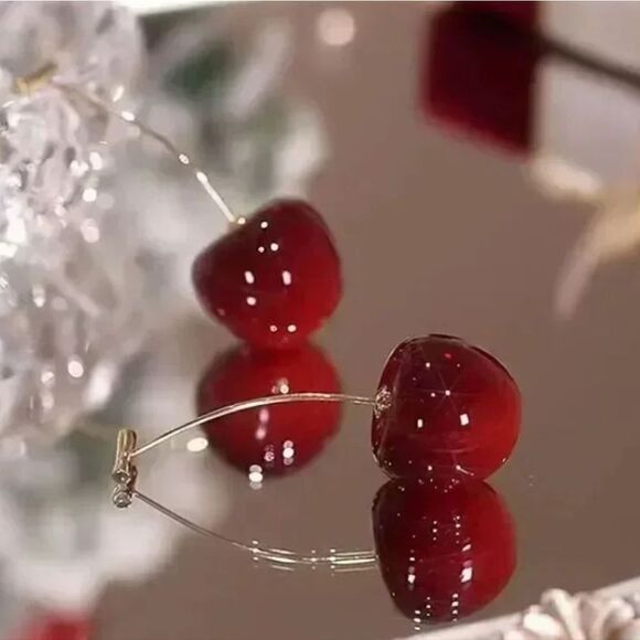 Cherry Earrings Red Fruit Fashion Jewelry Size 0.83''x1.7'' - Picture 8 of 11